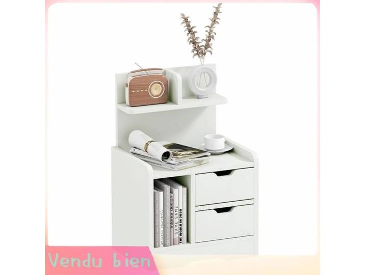 LIA Table chevet multi-rangement 2 tiroirs niche étagère bois blanc