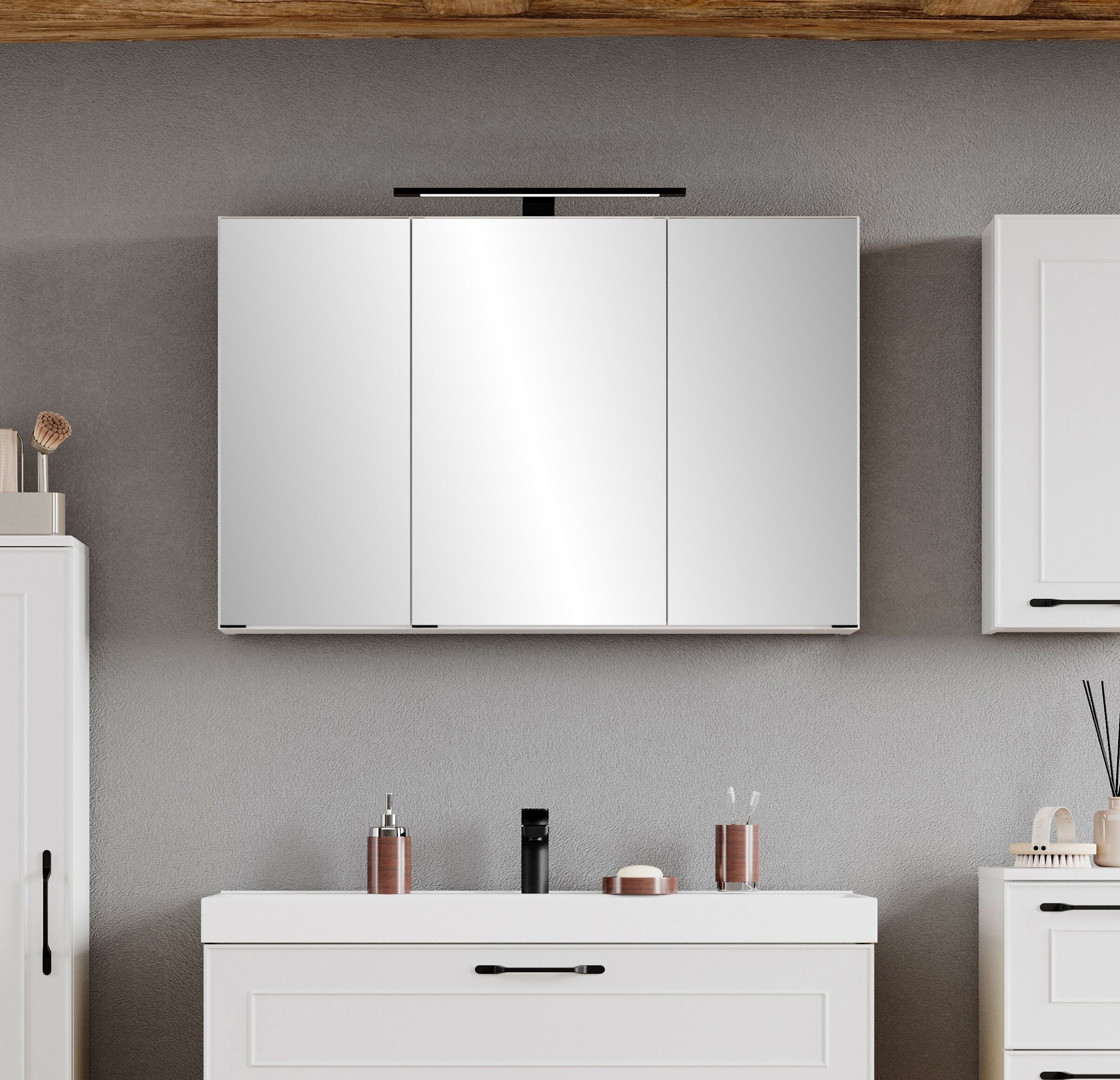 Badezimmerspiegelschrank WELLTIME "CADIZ, gedämpfte Scharniere", weiß, B:100cm H:64cm T:20cm, Holzwerkstoff, Schränke, Badezimmerspiegelschrank, Rundumsicht, dank besonderer Klapptechnik, Topseller