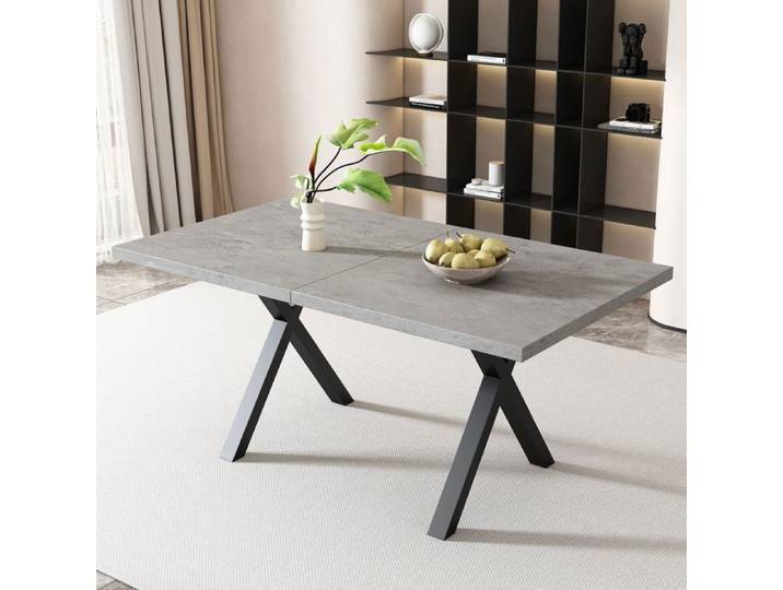 Abrihome Table à manger rectangle 4-6 personnes avec pieds croisés Aspect béton