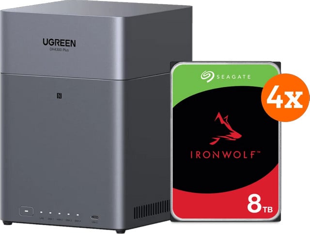 UGREEN NASync DH4300 Plus met 4x 8TB Seagate Ironwolf harde schijven