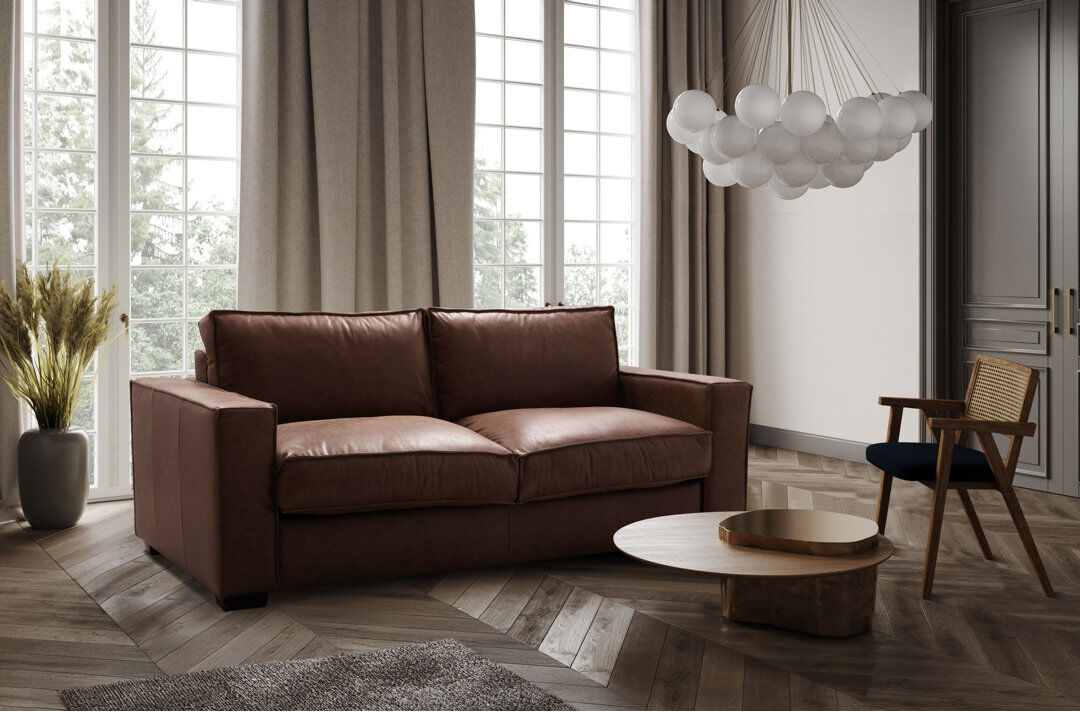 Ebern Designs Ripleigh 3 Seater Genuine Aniline Vintage Leather Reclining Sofa Bed with Mattress Ripleigh Dark Cognac Genuine Leather 85cm H X 203cm W X 99cm D