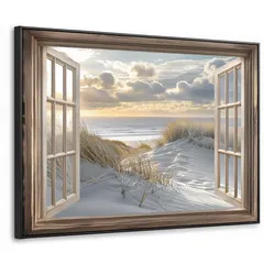 LEINWAND Bilder mit Rahmen - Ausblick - Strand - Dünen - Meer - Natur - 100x70