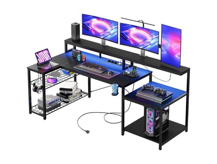 Bureau gaming d'angle noir - - 181 5 x 80 x 90 8 cm - Éclairage LED RGB - 3 prises secteur - 2 ports USB