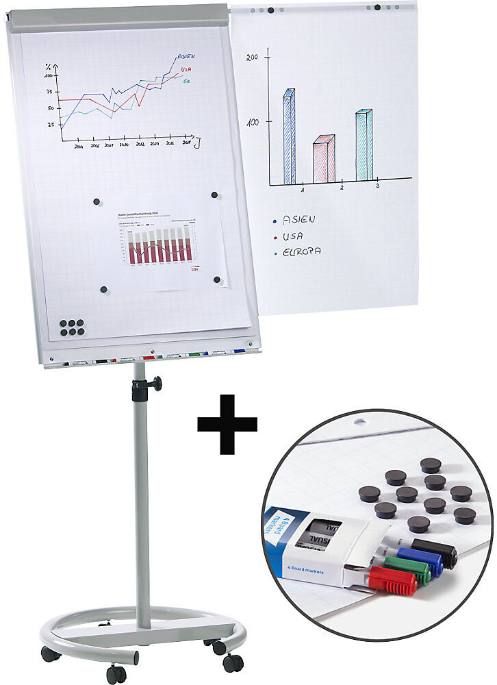 Flipchart-Set inkl. Zubehör, höhenverstellbar, 1700 - 2000 mm, mit stabilem Rundfuß Ø 640 mm, 5 Lenkrollen SMIT VISUAL