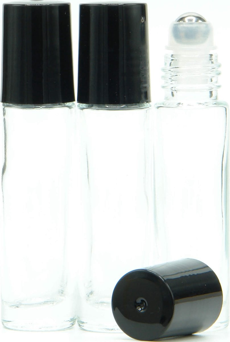 Berivita Set van 10 Transparante Glazen Rollerflesjes van 10 ml met RVS Bal en Zwarte Dop voor Etherische Olie en Parfum