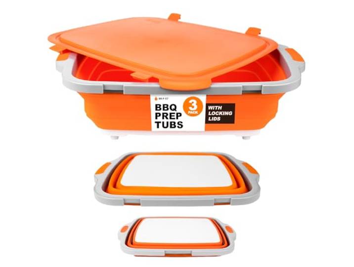 Drip EZ Faltbare BBQ Prep Tubs 3-teiliges Set (V2) – für Mahlzeitenvorbereitung, Marinieren von Lebensmitteln – inklusive Schneidebrett und Deckel – (1) JR + (1) OG + (1) XL – Orange