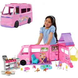 Barbie Super Abenteuer-Camper Spielset mit Dachzelt, Grill mit Farbwechseleffekt und über 60 Zubehörteilen