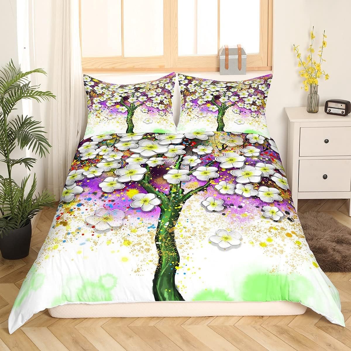 Wit Bloemen Dekbedovertrek met Olieverf Stijl - Double Maat Beddengoed Set