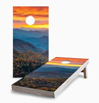 Skip's Garage Sunset Autumn Mountains Corn Hole Board Set