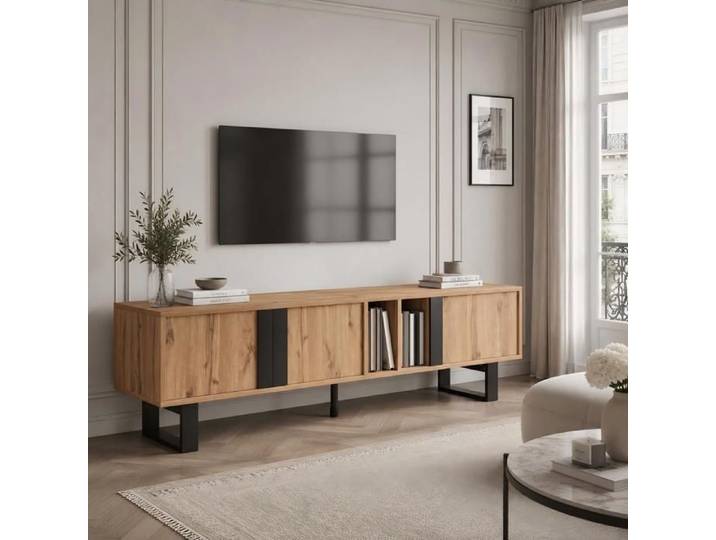 Meuble TV Ulsam 3 Portes Niches Ouvertes 2 Compartiments Pieds en Métal Noir Charnières Amorties Passe-Câbles
