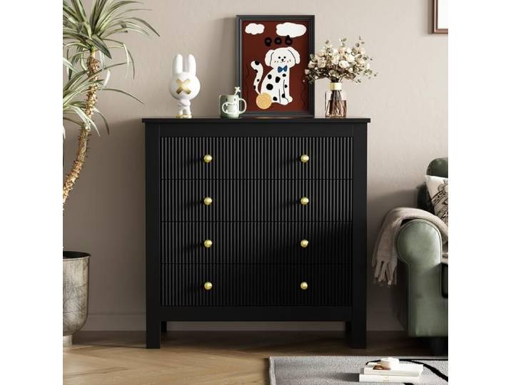Commode - KOMHTOM - 5 tiroirs - Noir - Poignées dorées - 79x39.5x80.5 cm