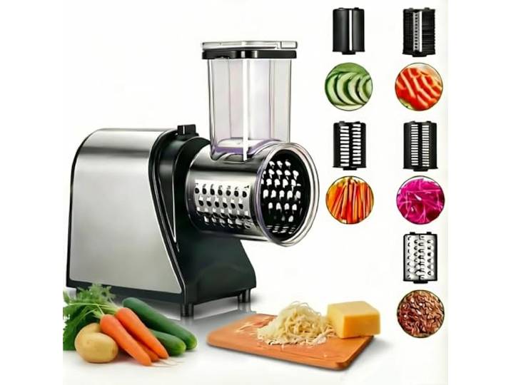 5 in 1 Elektrischer Gemüsehobel 250W mit großem Einfüllschlitz - Edelstahl Profi Küchenreibe und 5 Klingen. Ideal für Obst, Gemüse, Käse und den täglichen Gebrauch