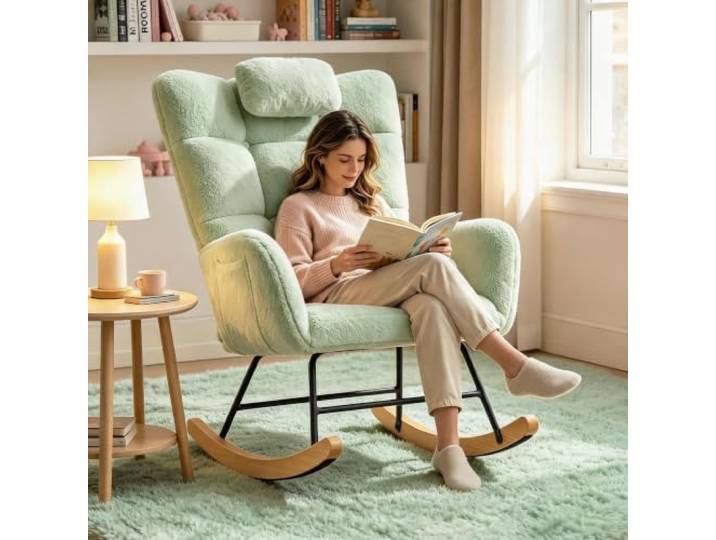 GarveeHome Schaukelstuhl Mit Kopfstütze, Hohe Rückenlehne, Light green Schaukelstuhl mit Kopfstütze, Teddy-Fleece, hohe Rückenlehne