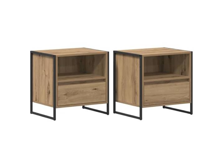GHVBNMF Nachttisch 2er Set Kunsthandwerk Eiche 50x39,5x50 cm 2 Schubladen Industrieller Beistelltisch im 2er Set fürs Schlafzimmer mit Holzwerkstoff Korpus und stabilen Beinen aus Edelstahl.