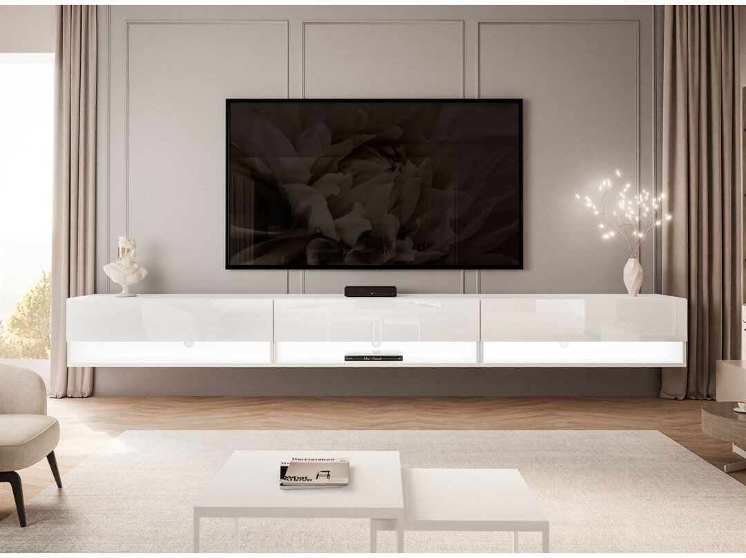 Metro Chaynce Calante Wall Mount TV Cabinet with LED Lighting High-Gloss White 88"