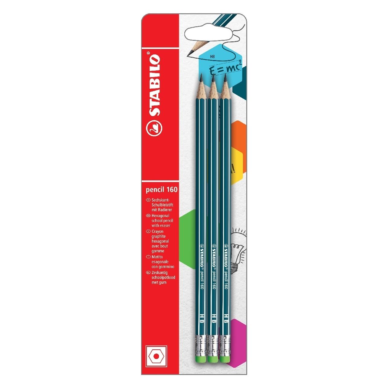 Stabilo Bleistift mit Radiergummi - pencil 160 in petrol - 3er Pack - Härtegrad HB (HB, 3x) (B-50733-10)