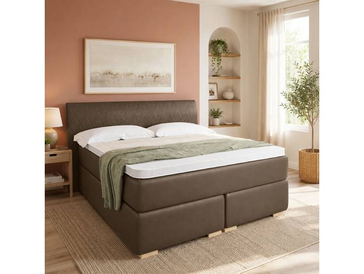 Boxspringbett Rombo mit Kunstlederbezug und gestepptem Kopfteil – 3%-Vorkasse-Rabatt