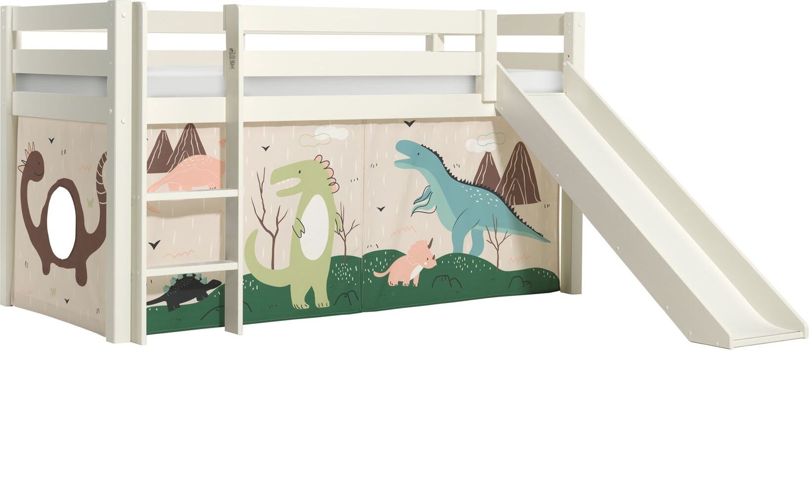 Kinderbett mit Rutsche Karolina Massivholz Weiß Textilset Dino