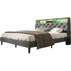 Polsterbett 140x200 mit LED-Beleuchtung, integriertem Stauraum, Massivholzrahmen, Leinenbezug, modernes Schlafzimmer,stimmungsvolle Farbanpassung Grau