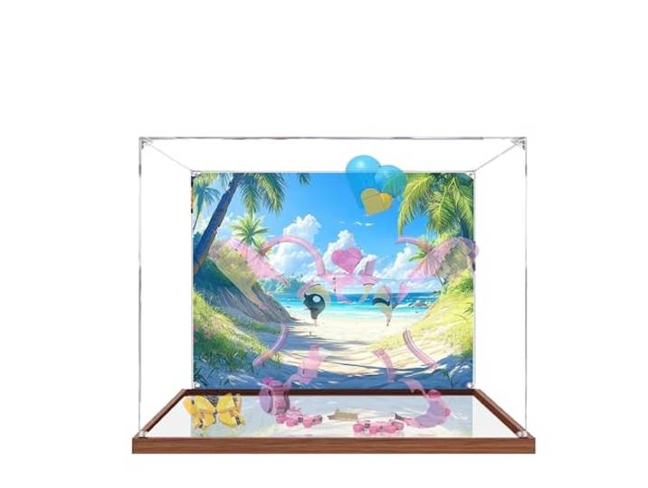 Acryl-Vitrine für Lego 43257 Lilo und Stitch Bauset, transparente Vitrine, staubdichte Vitrine, kompatibel mit Lego 43257 (nur Vitrine) (Hintergrund 3 mm Holzsockel)
