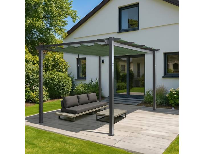 Aluminium Pergola HWC-N93, Gartenpavillon Pavillon Garten, stabiles 8cm-Gestell Schiebedach UV50+ 3x4m grün