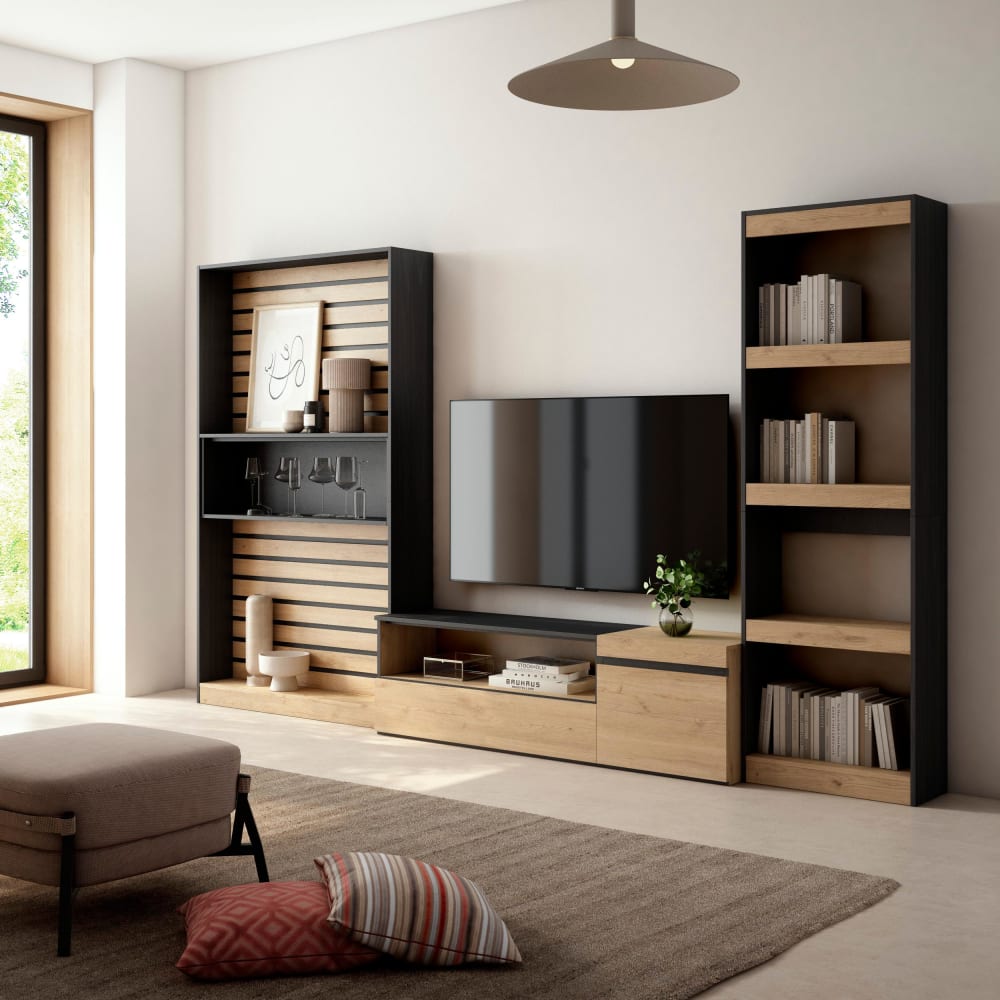 Skraut home Muebles de salón para tv efecto madera roble y negro 320x35x186cm