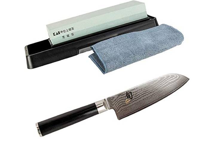 Kai Shun Classic Bundle, DM-0727, ultrascharfes Santokumesser, 14 cm Klinge + KAI-Schleifstein AP-0305+ Poliertuch
