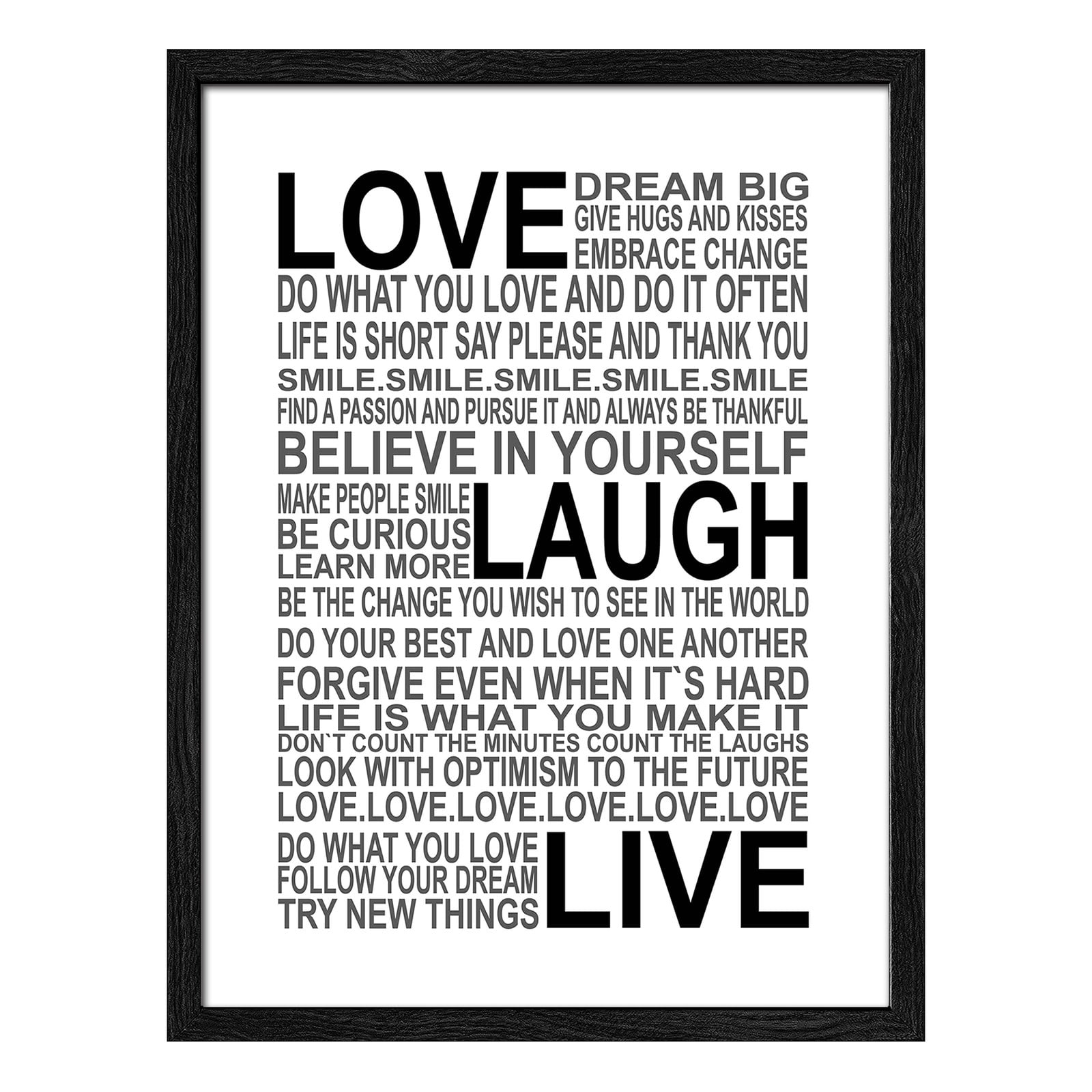 home24 Houten afbeelding Love Laugh Live floatglas, wit/zwart, B: 33 cm, D: 43 cm, H: 1 cm