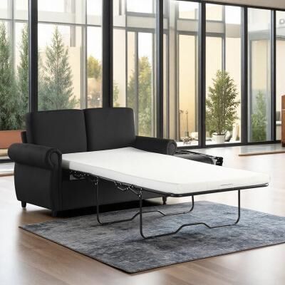 "57.9"" Linen Pull-Out Loveseat Sofa Bed with Twin Size Memory Mattress and 2 USB Ports"
