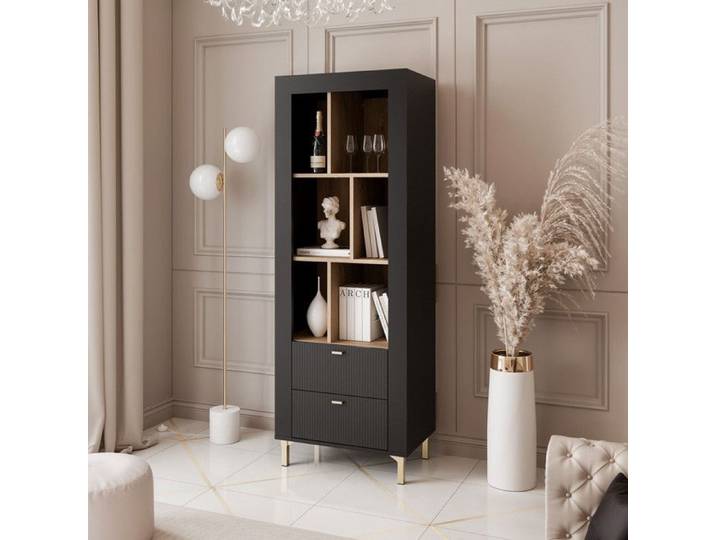 Buffet haut AVENA - 2 tiroirs et 6 compartments - sur pieds - 60x40x169 cm - Noir/chêne