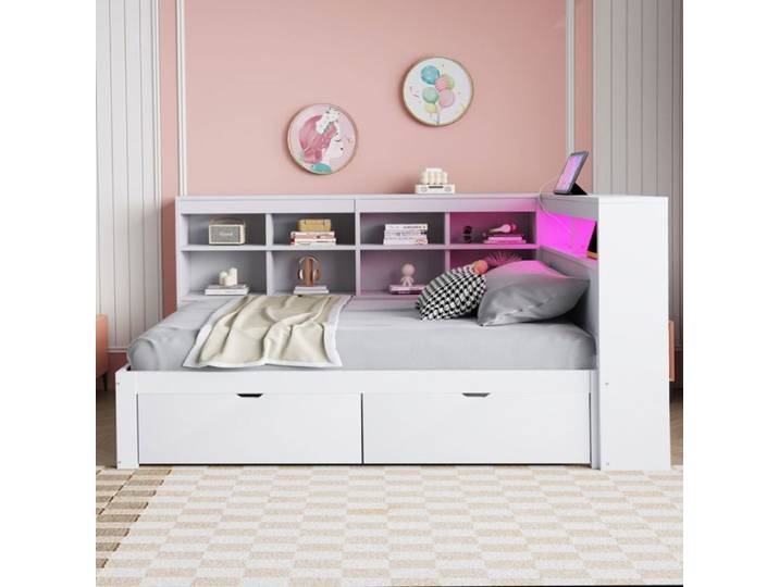 Canapé lit 1 place blanc 90x200cm bois massif rangements USB prise LED étagères multifonction pour - Sans Matelas