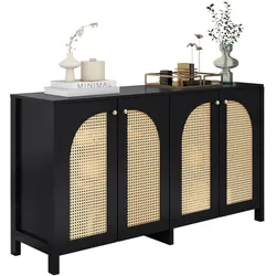 MODFU Sideboard 80x145x40 cm Schwarz mit 4 Rattanoptik Türen Metallgriffen verstellbarem Einlegeboden stabilem Stützbein für Wohnen Essen