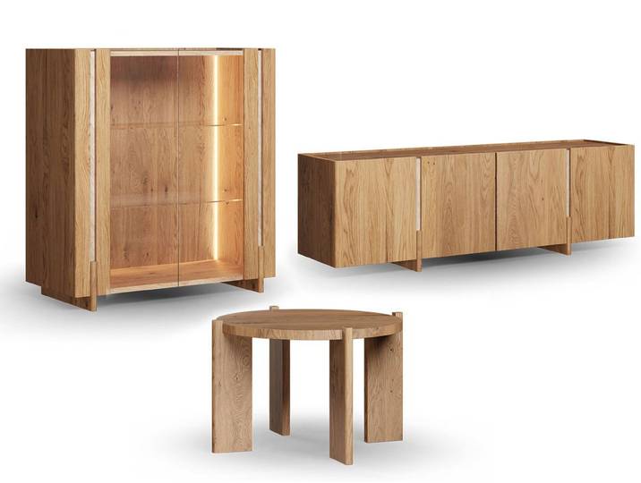 Feldmann-Wohnen Wohnwand Travertino, (mit Türen, mit Einlegeböden, mit Glaseinsatz, mit Beleuchtung, 3-St., mit Türen, mit Einlegeböden, mit Glaseinsatz, mit Beleuchtung), 3-teilig Wildeiche Natur Massivholz mit Travertin Naturstein