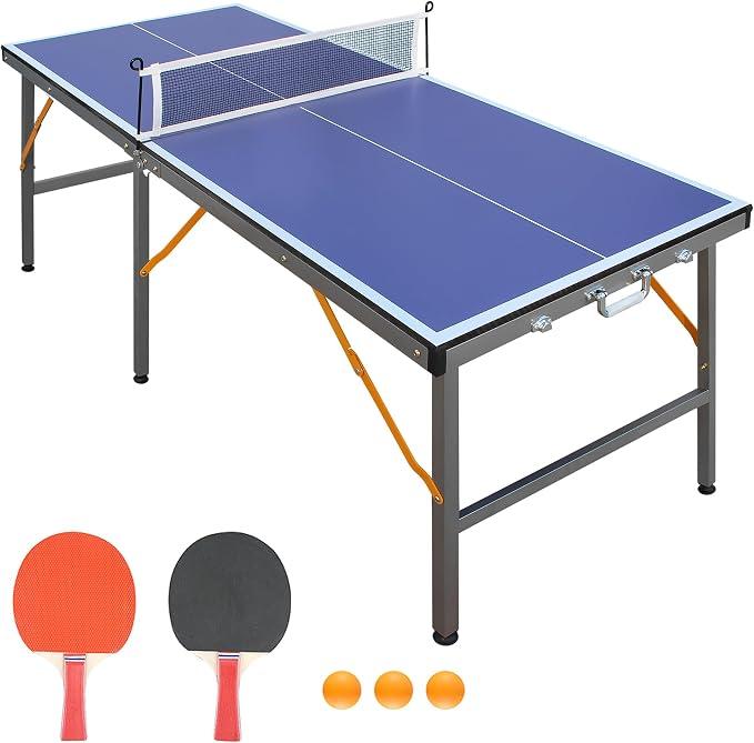 Tischtennisplatte klappbar 137 cm - Tischtennis-Set mit Netz und 2 Schlägern, Blaue MDF-Platte, U-förmige Metallbeine, rutschfest, platzsparend für Indoor & Outdoor, Kinder und Erwachsene