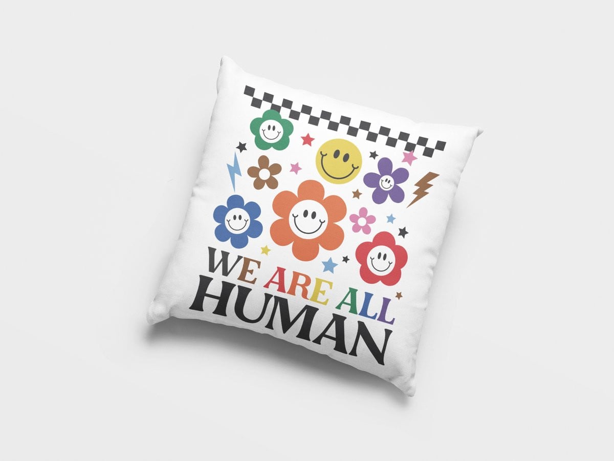 Retro Smiley Bloem Sierkussen WE ARE ALL HUMAN Groovy Decoratief Kussen