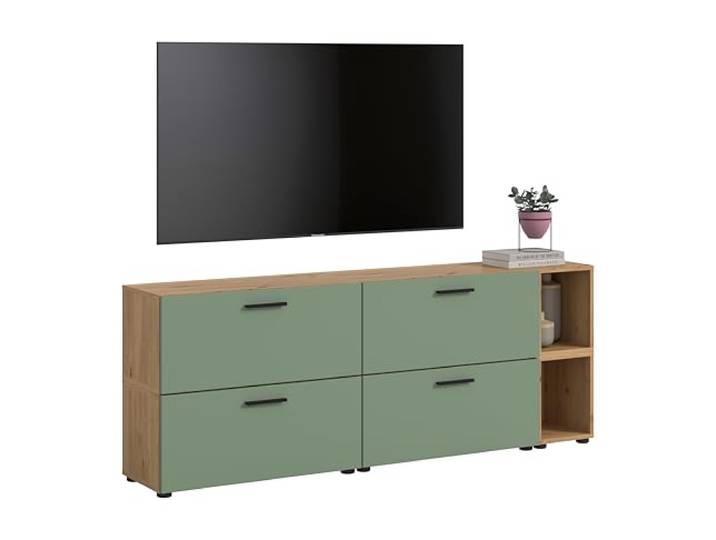xonox.home – Wohnkombination The One 176x67x34 cm in Artisan Oak und Smoke Green – Wandelement mit 4 Klappen – 10 Fächer bieten Platz für Medien & Zubehör in einem frischen, modernen Design