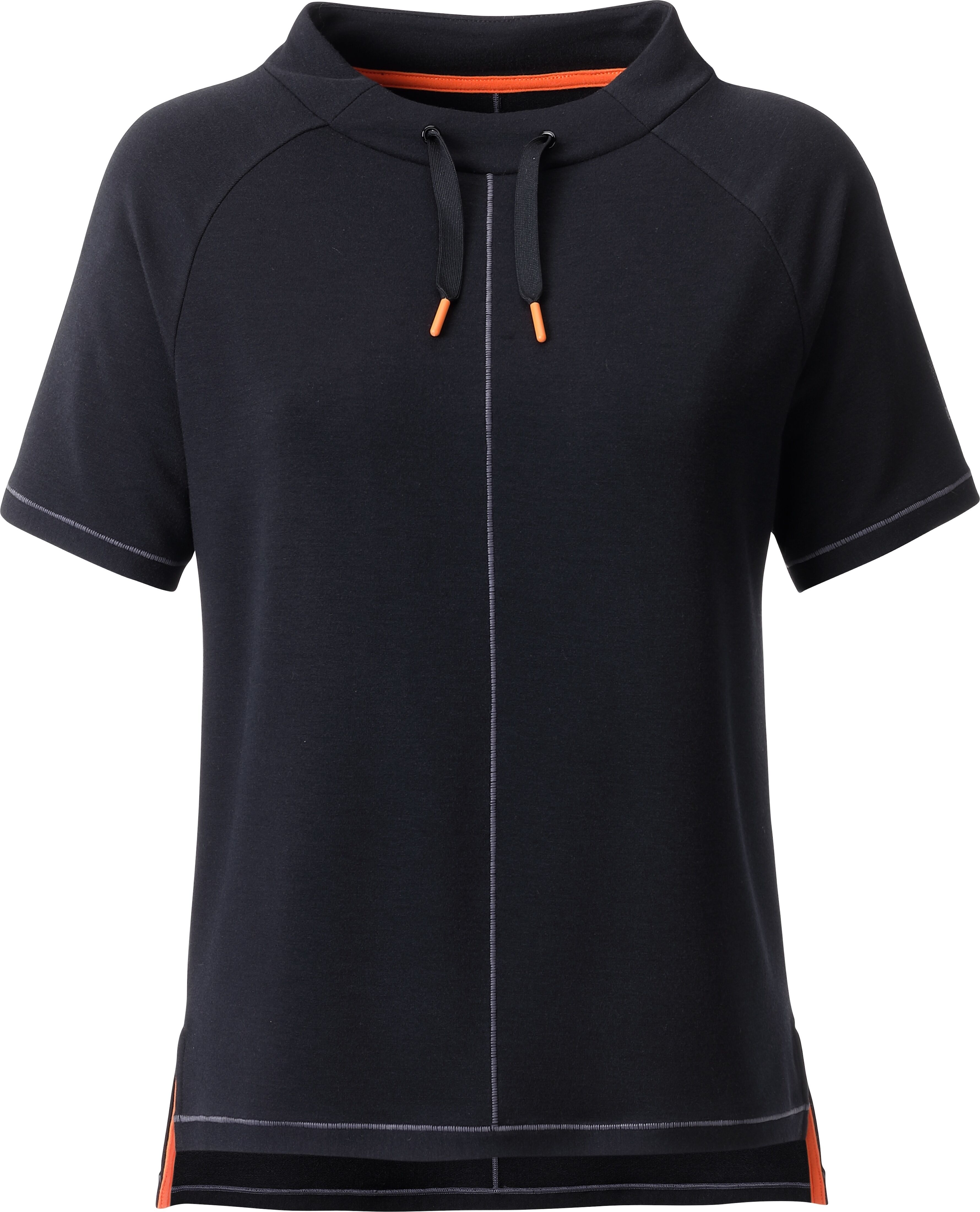 T-Shirt LPO "Da-T-Shirt Kassiopeia", Damen, Gr. 36/38 (M), schwarz, Jersey, 67% Polyester, 30% Modal, 3% Elasthan, regular fit hüftbedeckend, offene Kante, Shirts T-Shirt, hinten länger, Stehkragen, Ziernähte, seitliche Schlitze schwarz 36/38 (M)
