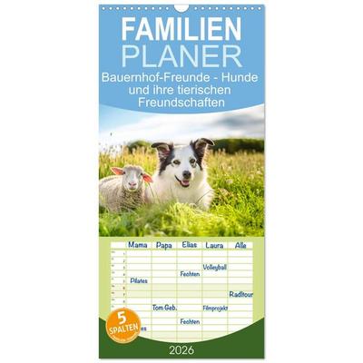 Familienplaner 2026 - Bauernhof-Freunde - Hunde und ihre tierischen Freundschaften mit 5 Spalten (Wandkalender, 21 x 45 cm) CALVENDO