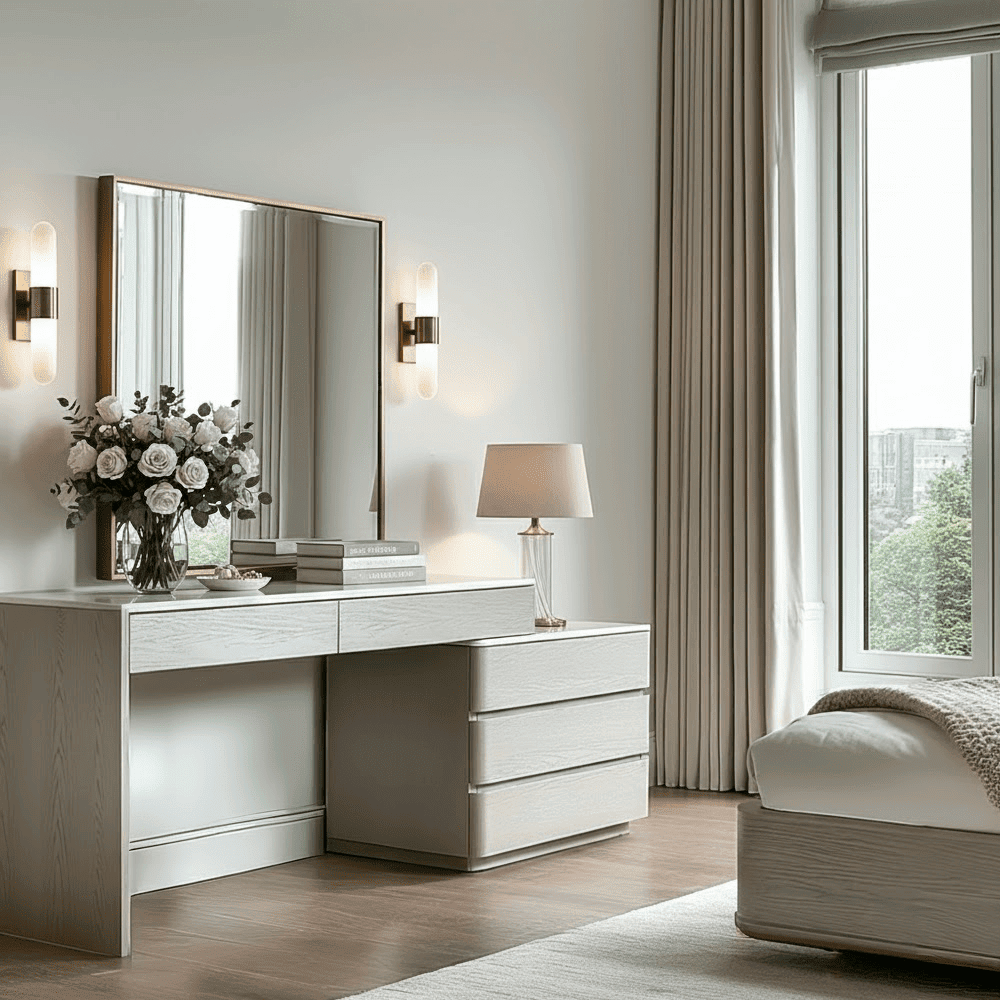 Zendaya 2 Drawer Washed Oak Dressing Table & 3 Drawer Chest with Stone Top