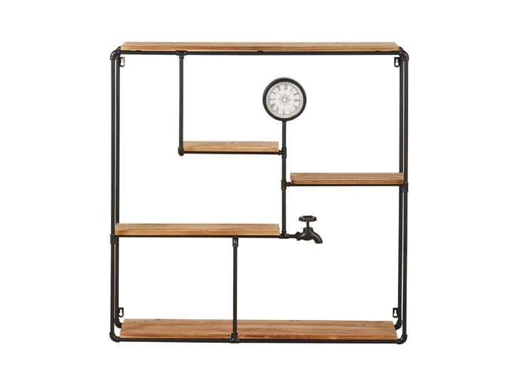 Etagère en fer forgé noir et bois de pin avec horloge