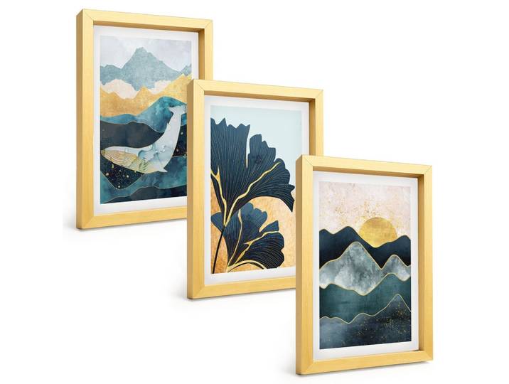 BILDER SET 3er Set - 20x30 cm Goldrahmen - Abstrakte Bergansichten