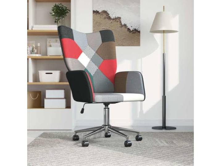 Relaxsessel Patchwork Stoff Mit Rollen Und 360 Grad Drehfunktion Dunkles Patchwork-Design,gasdruckfeder-höhenverstellbar,stabiler Stahlrahmen,Kreuzbeine,stufenlose Sitzanpassung