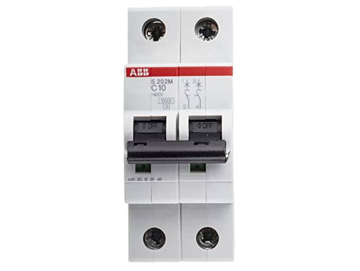 ABB S202M-C10 Miniatuur Stroomonderbreker, 2 Pool, Type C, 10/15kA Breaking Capaciteit, 10 Amp Stroom (2CDS272001R0104)