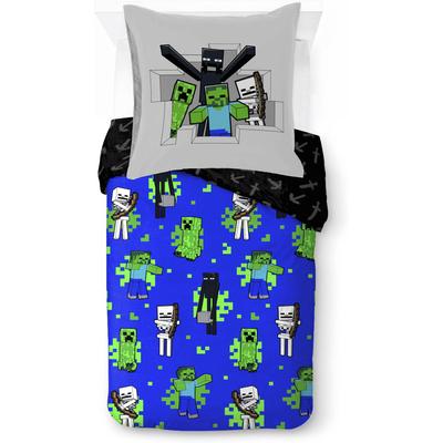 Kinderbettwäsche MINECRAFT "Minecraft Fight Back", blau, B/L: 135cm x 200cm, 1 Stk., 1 Stk., Linon, B/L: 80cm x 80cm, 2, Linon, Obermaterial: 100% Baumwolle, Bettwäsche, 100% Baumwolle