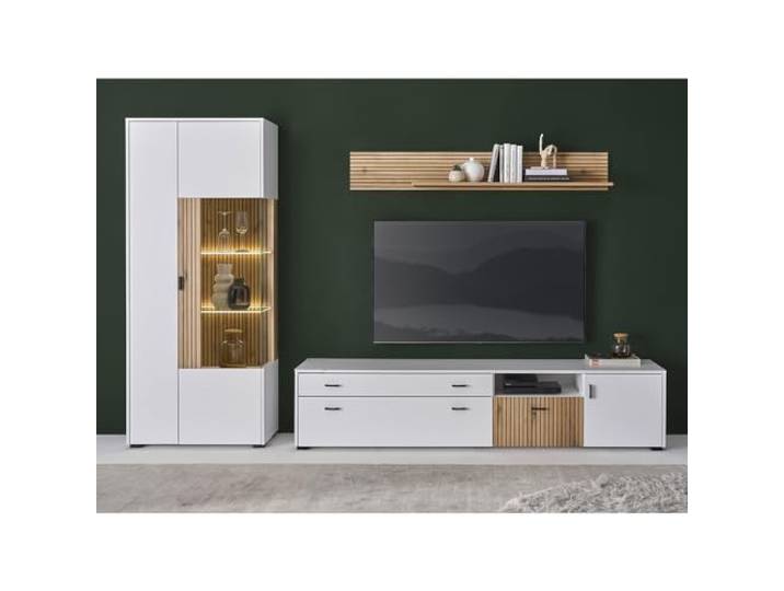 Lomadox Wohnwand Anbauwand modern Vitrinenschrank 200cm Lowboard Wandregal weiß matt Eiche