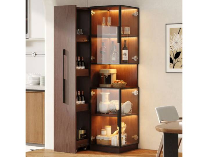 Vitrine moderne en bois noyer MDF 70×38×160cm plateau extensible double vitre LED