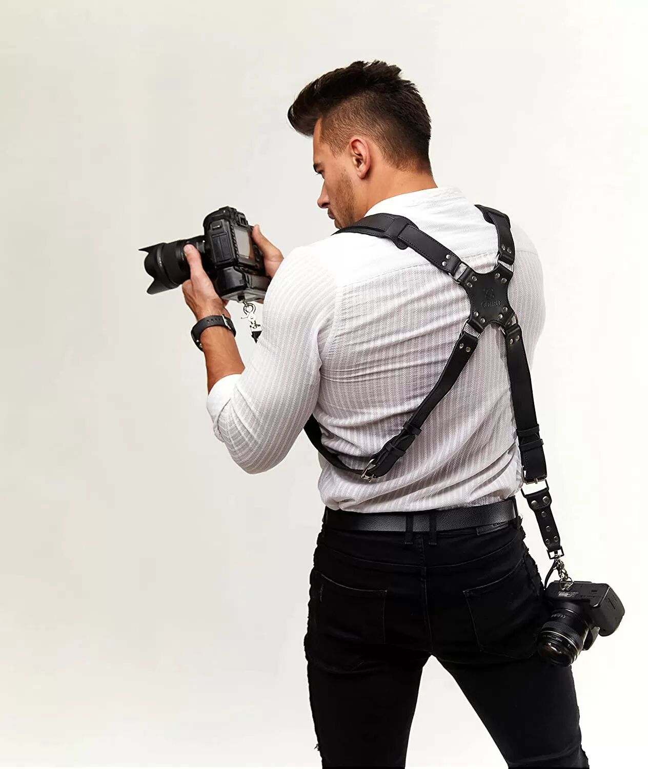 INF Double sangle d'épaule pour appareil photo en cuir véritable Le noir