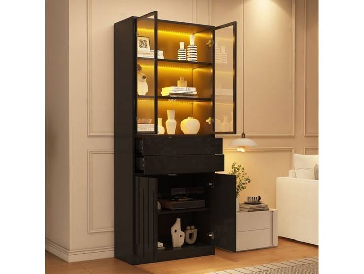 Modenuit Vitrine haute LED noire mate 70x37x180 cm 2 tiroirs portes en verre trempé