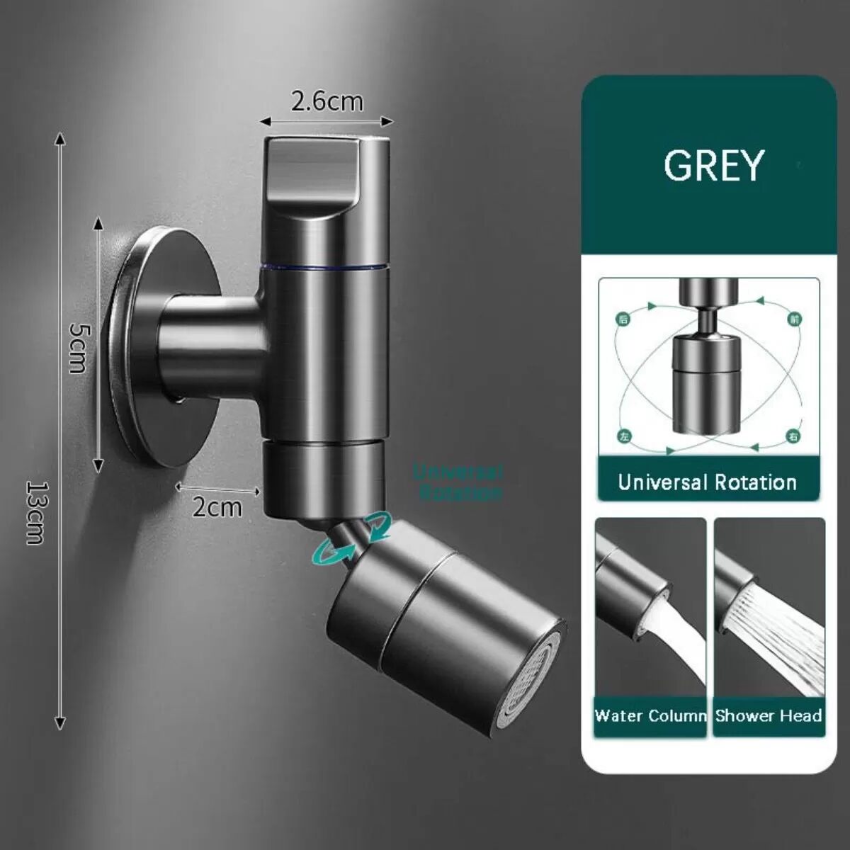 INF Universeller Schwenk-Wasserhahn Dual-Modus 360° Edelstahl — Schnellöffnender Moppbecken- & Waschmaschinenanschluss Grau