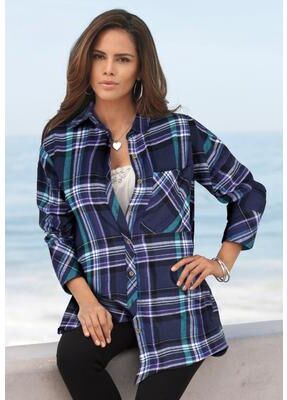 Plus Size Women's Plaid Flannel Tunic by Roaman's in Navy Light Jade Plaid (Size 38 W) Plaid Shirt